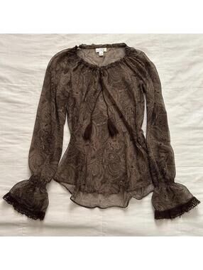 Ann Taylor Loft sheer brown paisley peasant long sleeve blouse crochet lace trim